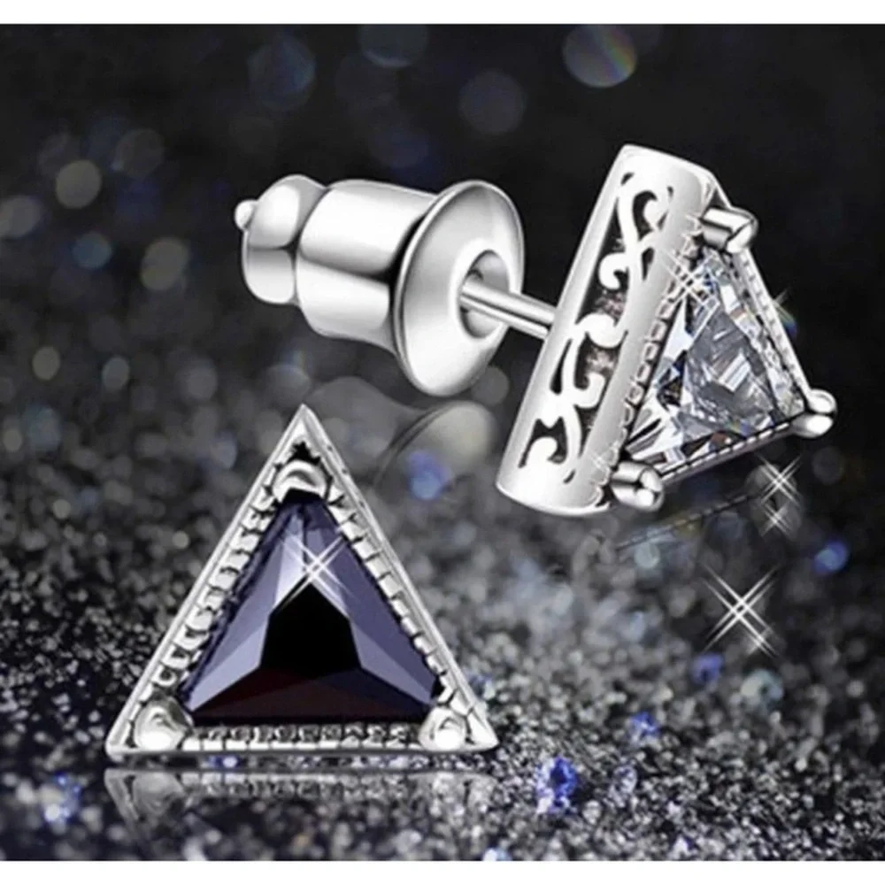 NEW Unisex Triangle Simulated‎ Diamond 925 Silver Stud Earrings